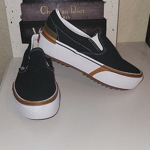 Vans Black and White Slip-Ons with Gum Sole Detail - Picture 1 of 8